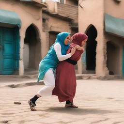 Two women in hijabs wrestling in the streets of a village in Cairo