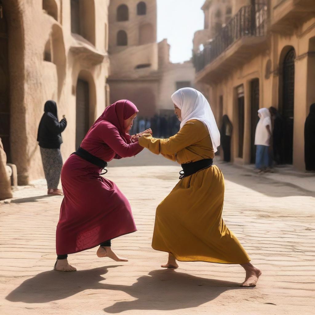 Two women in hijabs wrestling in the streets of a village in Cairo