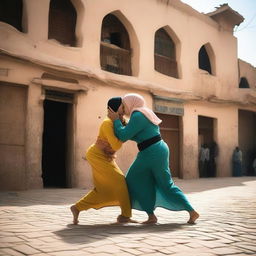 Two women in hijabs wrestling in the streets of a village in Cairo