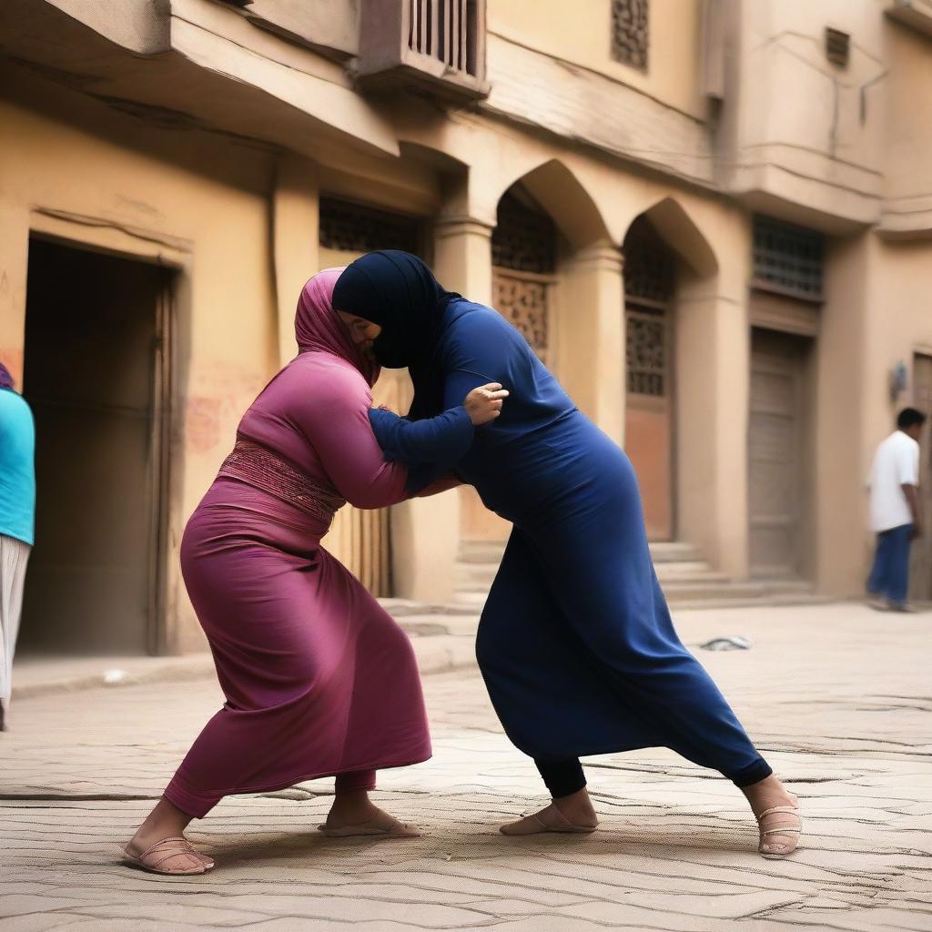 Two women in hijabs wrestling in the streets of a village in Cairo