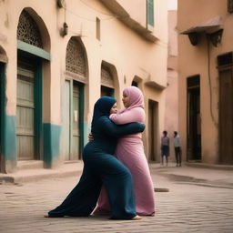 Two women in hijabs wrestling in the streets of a village in Cairo