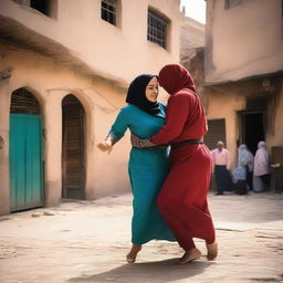 Two women in hijabs wrestling in the streets of a village in Cairo