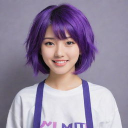 A Japanese girl named Yumi with vibrant purple hair and a gentle smile. She wears a casual outfit that matches her unique personality.