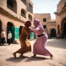 Two women in hijabs wrestling in the streets of a village in Cairo