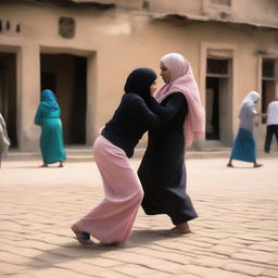 Two women in hijabs wrestling in the streets of a village in Cairo