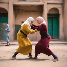 Two women in hijabs wrestling in the streets of a village in Cairo