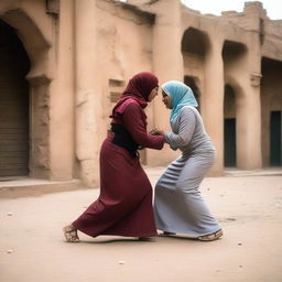 Two women in hijabs wrestling in the streets of a village in Cairo