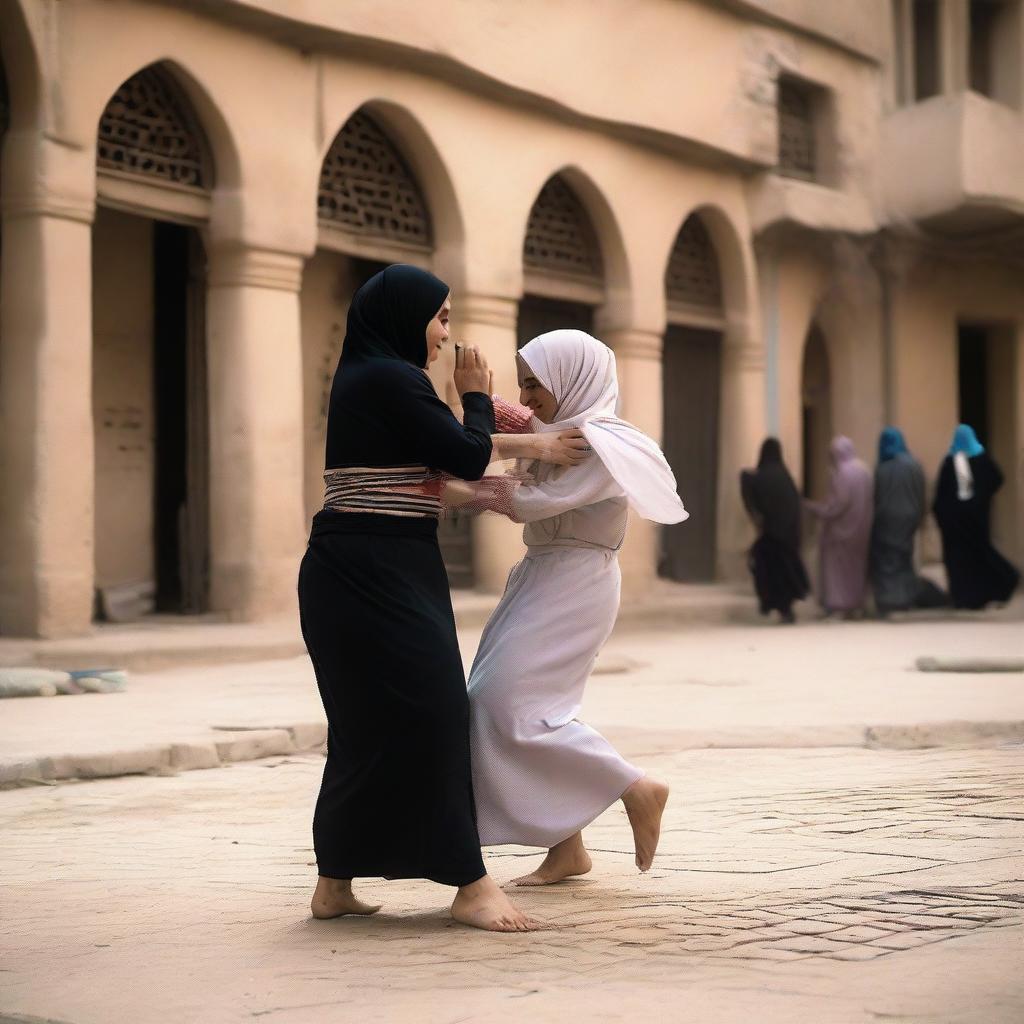 Two women in hijabs wrestling in the streets of a village in Cairo