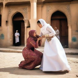 A dynamic scene of a woman wearing a hijab wrestling with a bride in a wedding dress, also wearing a hijab, in the streets of a village in Cairo