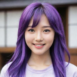 A Japanese girl named Yumi with vibrant purple hair and a gentle smile. She wears a casual outfit that matches her unique personality.