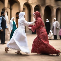 A dynamic scene of a woman wearing a hijab wrestling with a bride in a wedding dress, also wearing a hijab, in the streets of a village in Cairo