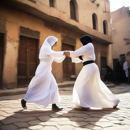 A dynamic scene of a woman wearing a hijab wrestling with a bride in a wedding dress, also wearing a hijab, in the streets of a village in Cairo