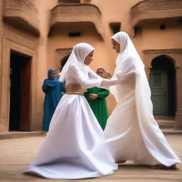 A dynamic scene of a woman wearing a hijab wrestling with a bride in a wedding dress, also wearing a hijab, in the streets of a village in Cairo