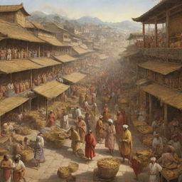 An illustration of an ancient gold trading scene, bustling with merchants and buyers exchanging gold for goods amid traditional market scenery.