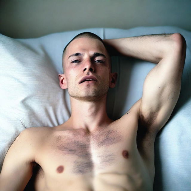 A skinny man with a buzz cut, toothless and looking up, lying on a bed