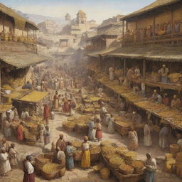 An illustration of an ancient gold trading scene, bustling with merchants and buyers exchanging gold for goods amid traditional market scenery.