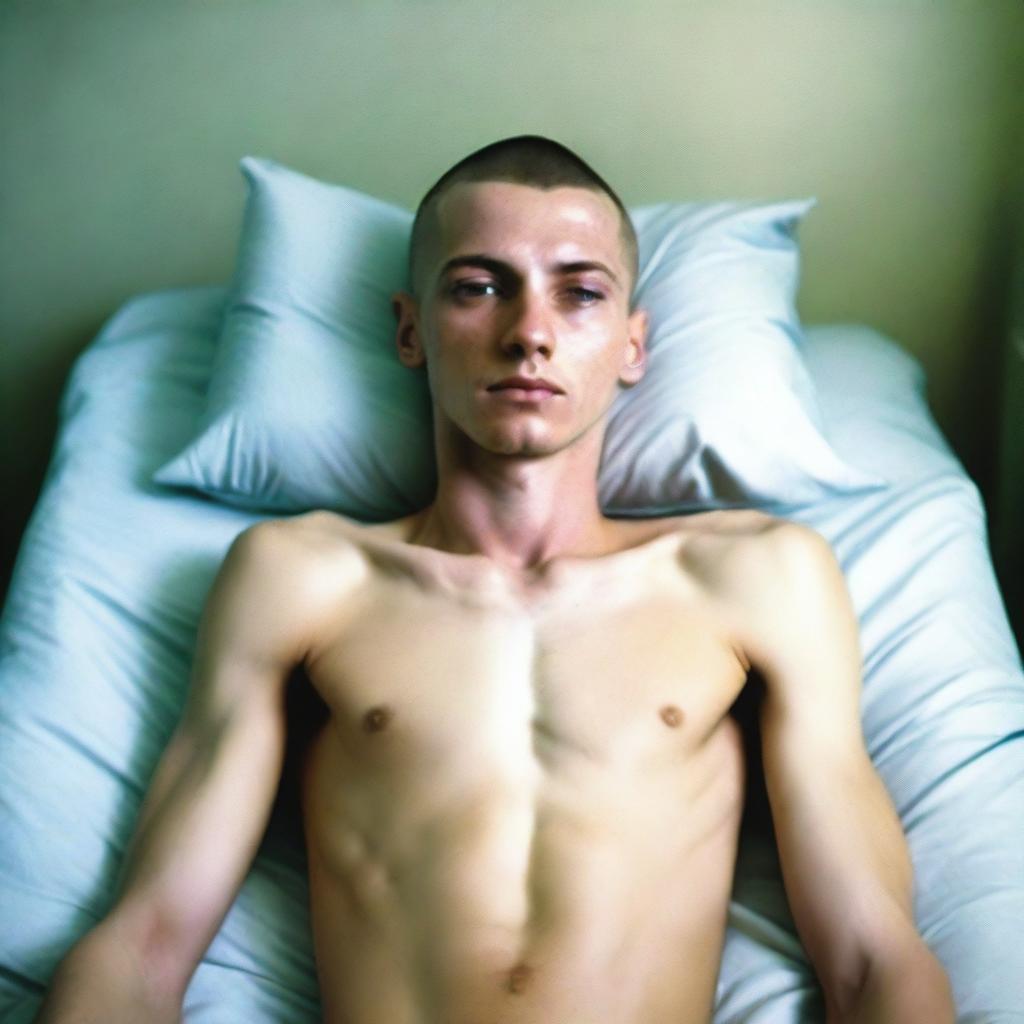 A skinny man with a buzz cut and blue eyes is lying on a bed