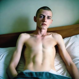 A skinny man with a buzz cut and blue eyes is lying on a bed