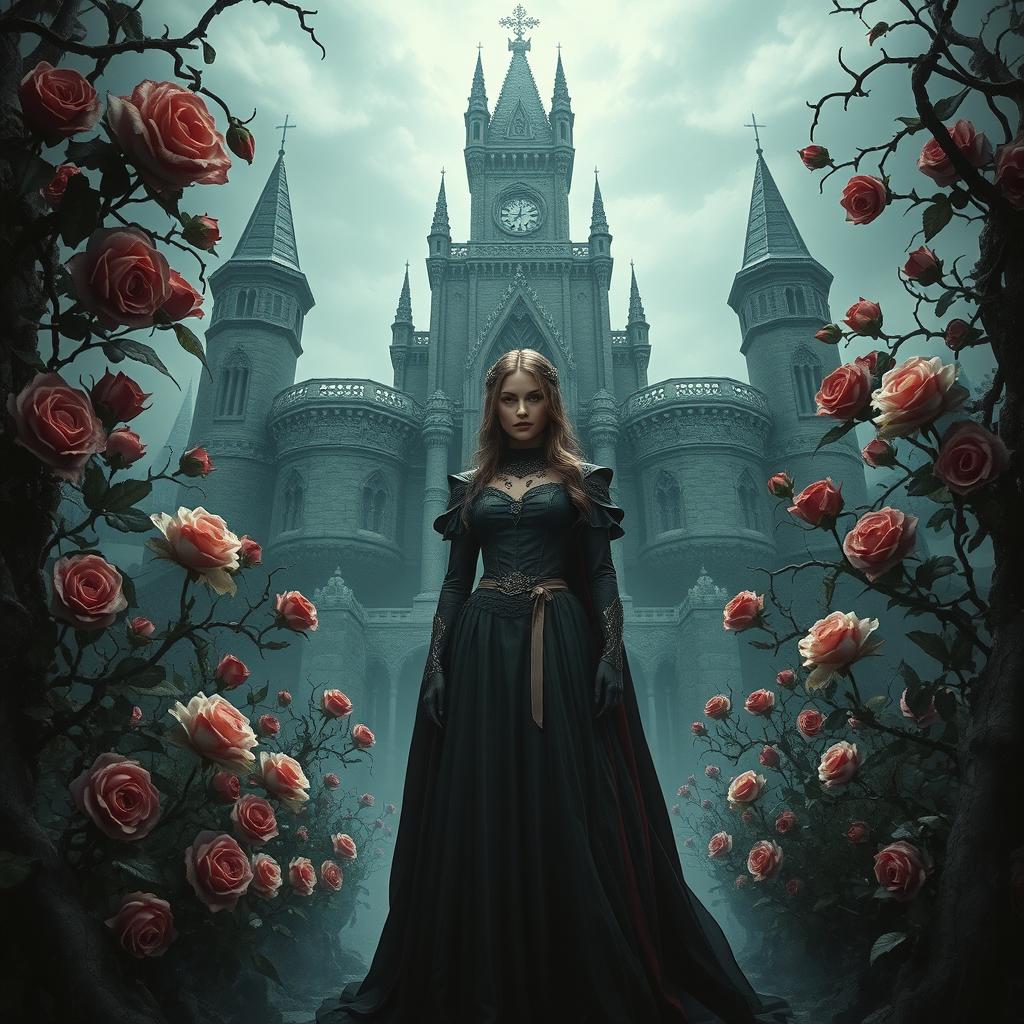 A gothic fantasy scene featuring a majestic castle surrounded by thorny vines and blooming roses