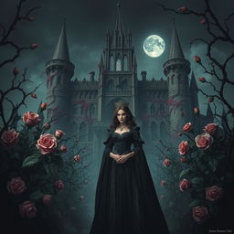 A gothic fantasy scene featuring a majestic castle surrounded by thorny vines and blooming roses