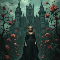 A gothic fantasy scene featuring a majestic castle surrounded by thorny vines and blooming roses