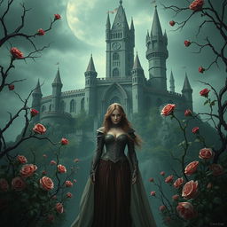 A gothic fantasy scene featuring a majestic castle surrounded by thorny vines and blooming roses