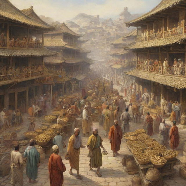 An illustration of an ancient gold trading scene, bustling with merchants and buyers exchanging gold for goods amid traditional market scenery.