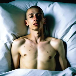 A skinny man with a buzz cut and amputated legs, stumps below the waist, lying on a bed