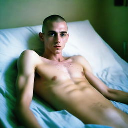 A skinny man with a buzz cut and amputated legs, stumps below the waist, lying on a bed