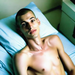 A skinny man with a buzz cut and amputated legs, stumps below the waist, lying on a bed