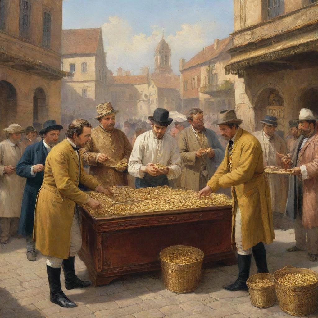 A detailed illustration of a 19th century gold trading scene showing individuals exchanging gold, adorned in period-appropriate attire, against a backdrop of a historical marketplace.