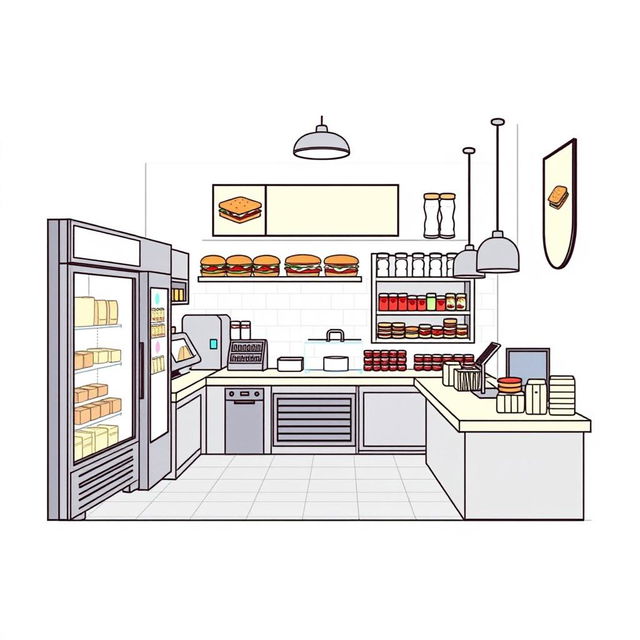 Create a detailed layout of a store selling sandwiches and snacks to the public