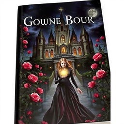 A gothic fantasy book cover featuring a majestic castle surrounded by thorny vines and blooming roses at night