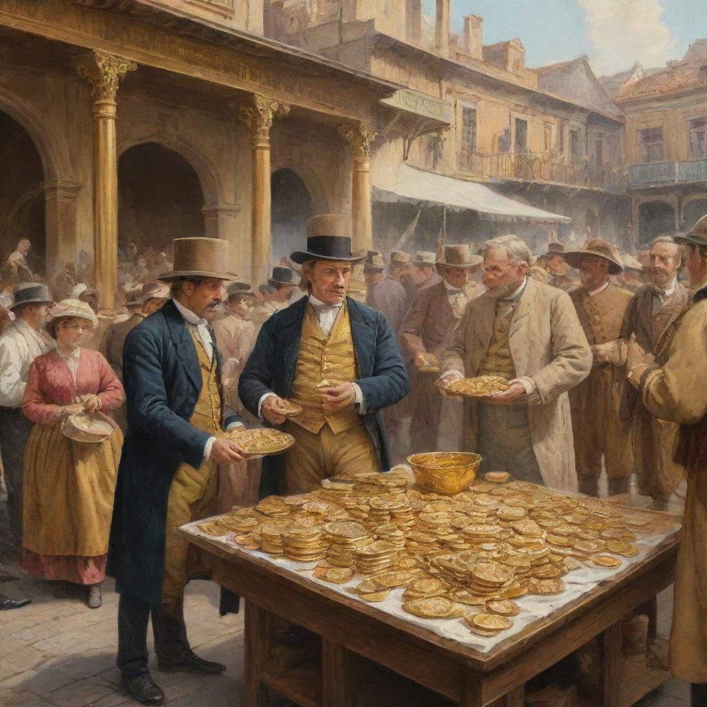 A detailed illustration of a 19th century gold trading scene showing individuals exchanging gold, adorned in period-appropriate attire, against a backdrop of a historical marketplace.