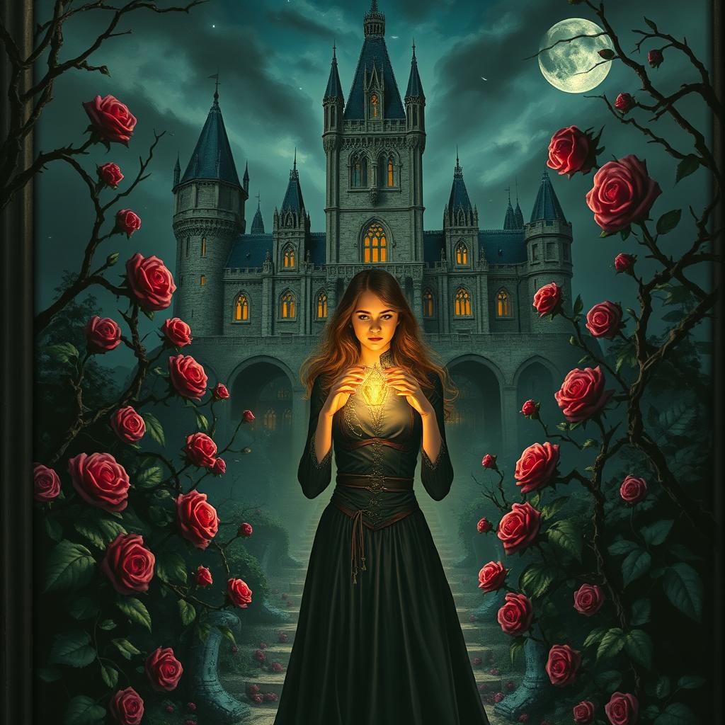 A gothic fantasy book cover featuring a majestic castle surrounded by thorny vines and blooming roses at night