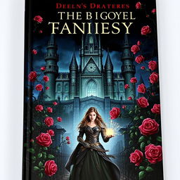 A gothic fantasy book cover featuring a majestic castle surrounded by thorny vines and blooming roses at night