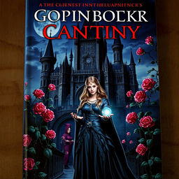 A gothic fantasy book cover featuring a majestic castle surrounded by thorny vines and blooming roses at night