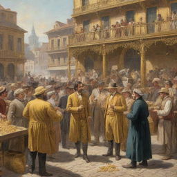 A detailed illustration of a 19th century gold trading scene showing individuals exchanging gold, adorned in period-appropriate attire, against a backdrop of a historical marketplace.