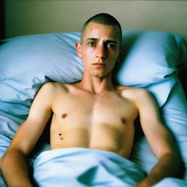 A skinny man with a buzz cut and amputated legs below the waist is lying on a bed