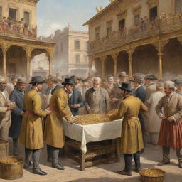 A detailed illustration of a 19th century gold trading scene showing individuals exchanging gold, adorned in period-appropriate attire, against a backdrop of a historical marketplace.