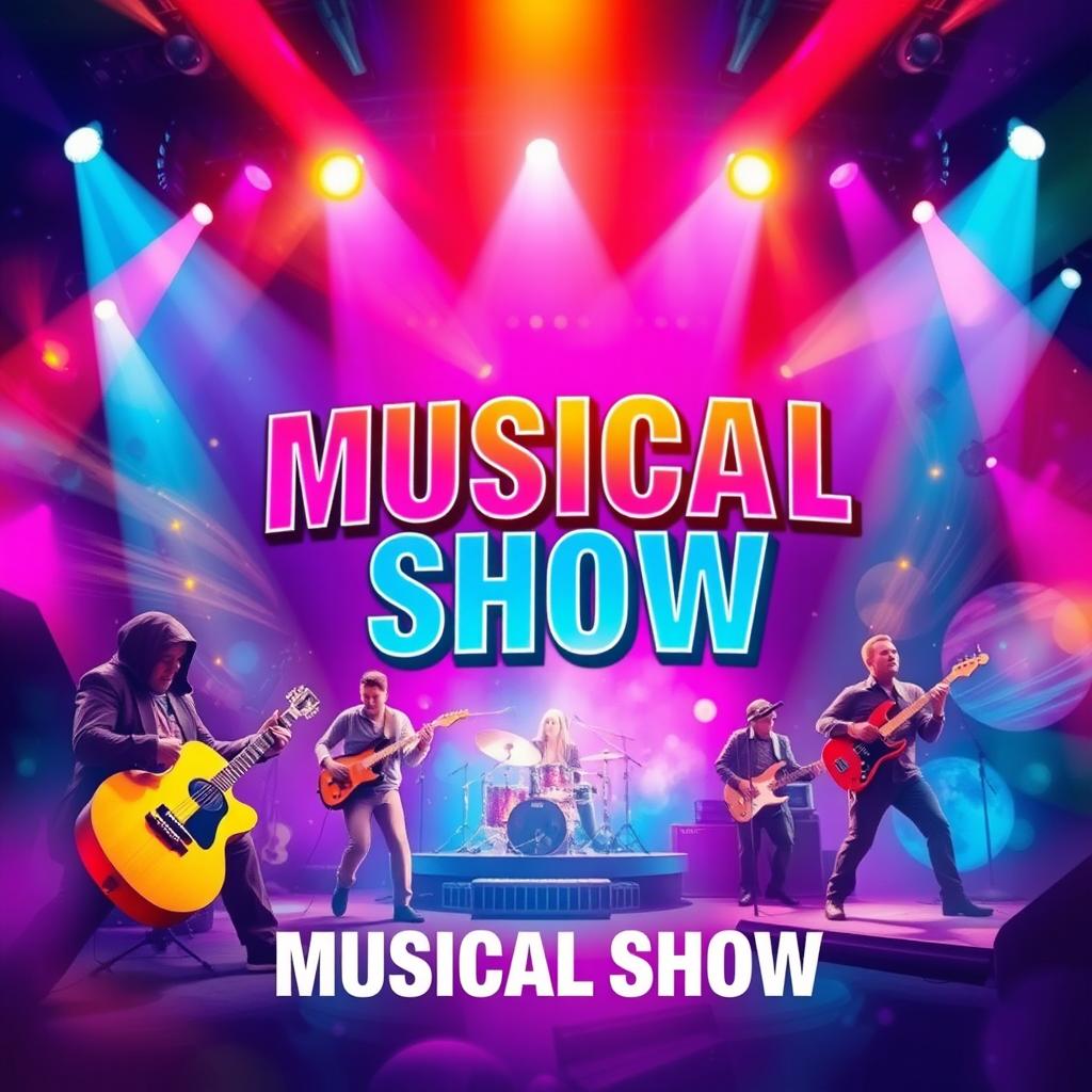 A vibrant and artistic musical show cover featuring dynamic colors, musical instruments, and performers in motion