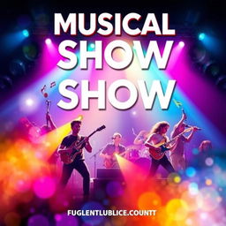 A vibrant and artistic musical show cover featuring dynamic colors, musical instruments, and performers in motion