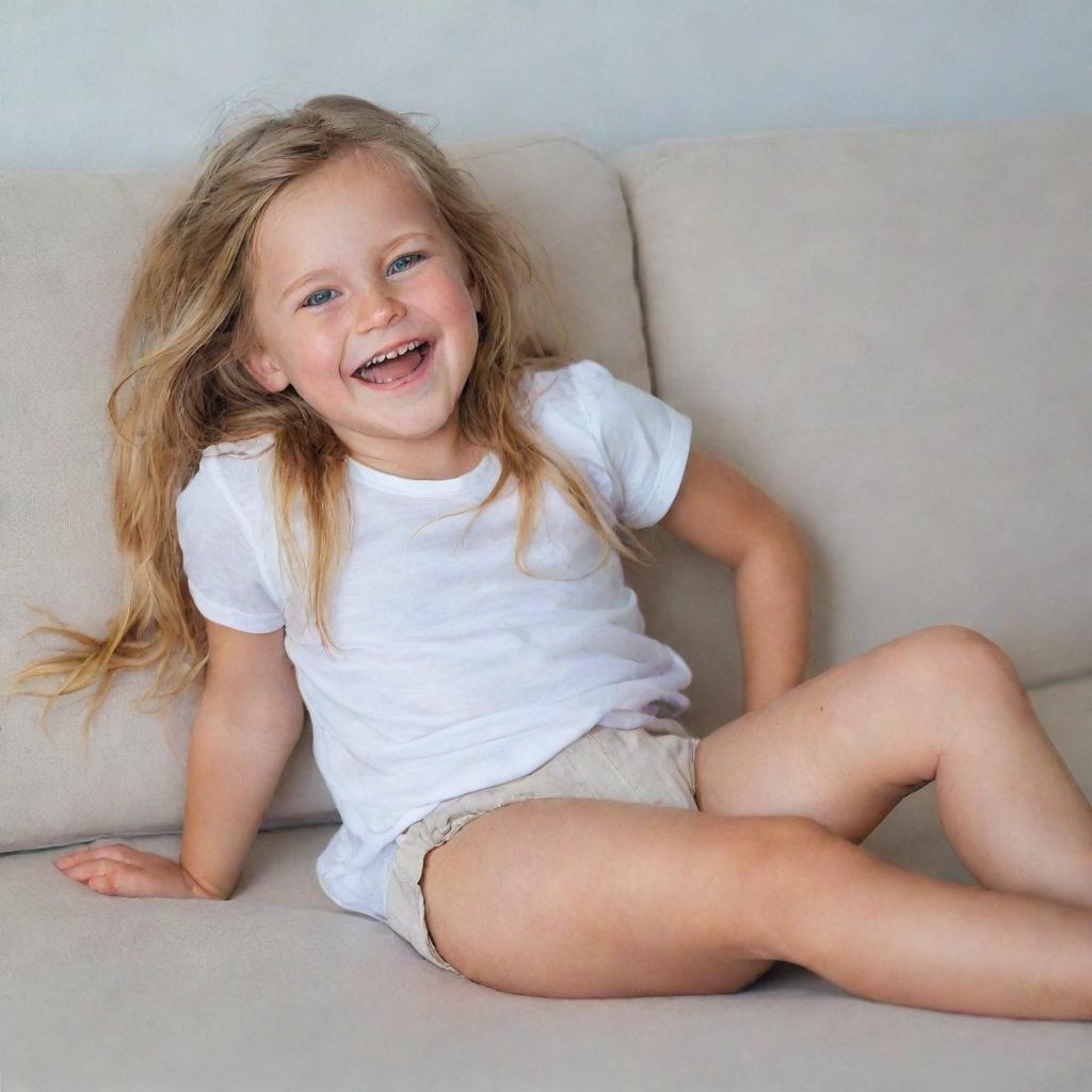 A cheerful little girl with long, golden hair and blue eyes. She is lying barefoot on a couch, wearing a white shirt and white shorts, laughing heartily.