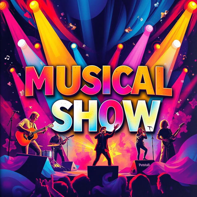 A vibrant and artistic musical show cover featuring dynamic colors, musical instruments, and performers in motion