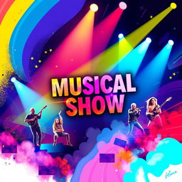 A vibrant and artistic musical show cover featuring dynamic colors, musical instruments, and performers in motion