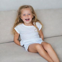 A cheerful little girl with long, golden hair and blue eyes. She is lying barefoot on a couch, wearing a white shirt and white shorts, laughing heartily.