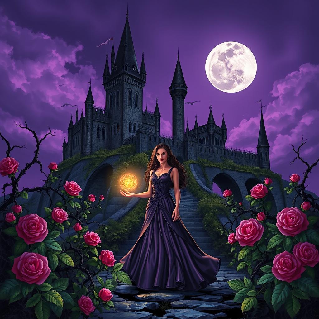 A dark fantasy book cover featuring a majestic castle surrounded by thorny vines and blooming roses at night