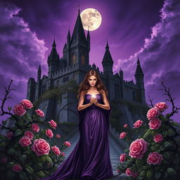 A dark fantasy book cover featuring a majestic castle surrounded by thorny vines and blooming roses at night