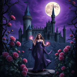 A dark fantasy book cover featuring a majestic castle surrounded by thorny vines and blooming roses at night