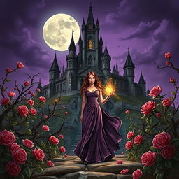 A dark fantasy book cover featuring a majestic castle surrounded by thorny vines and blooming roses at night